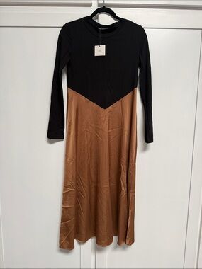 Zara Black and Brown Long Sleeve Two-Tone Midi Dress